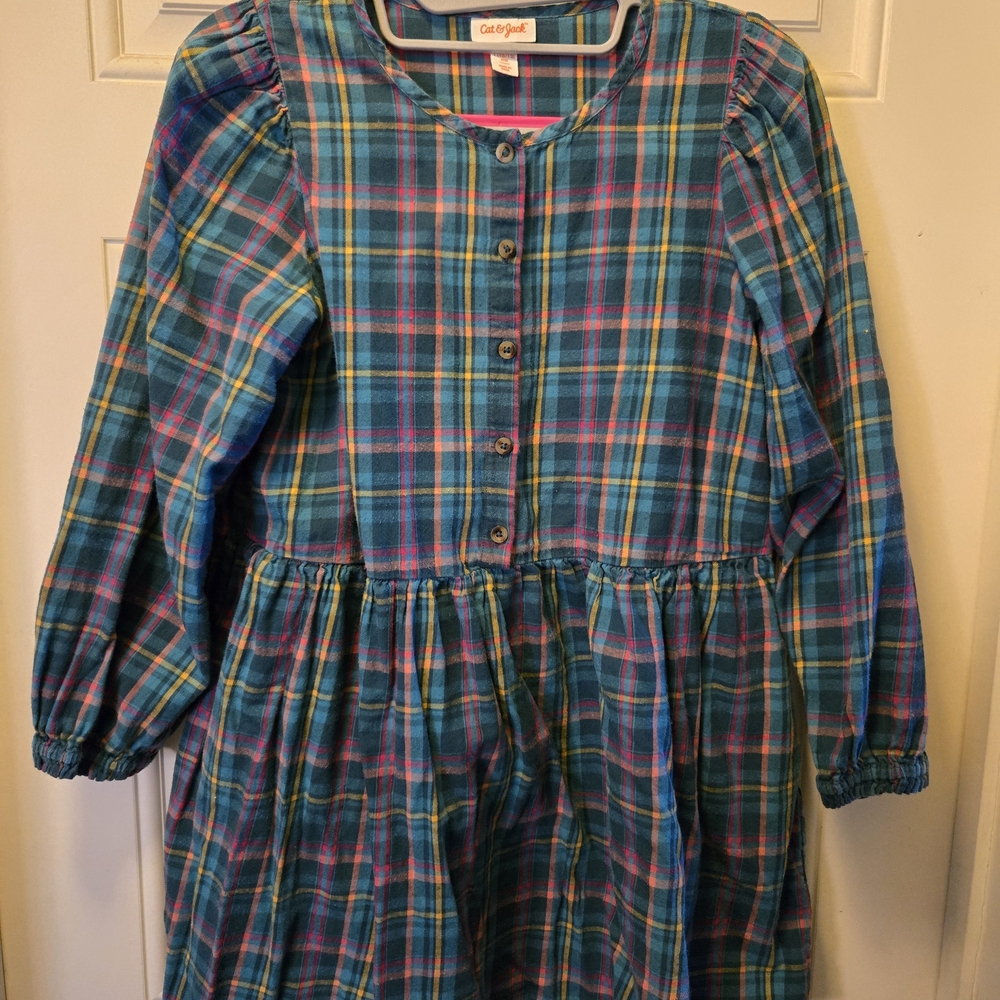 Cat & Jack Girls Blue Plaid A-Line Dress L (10/12) Plus Long Sleeve 100% Cotton